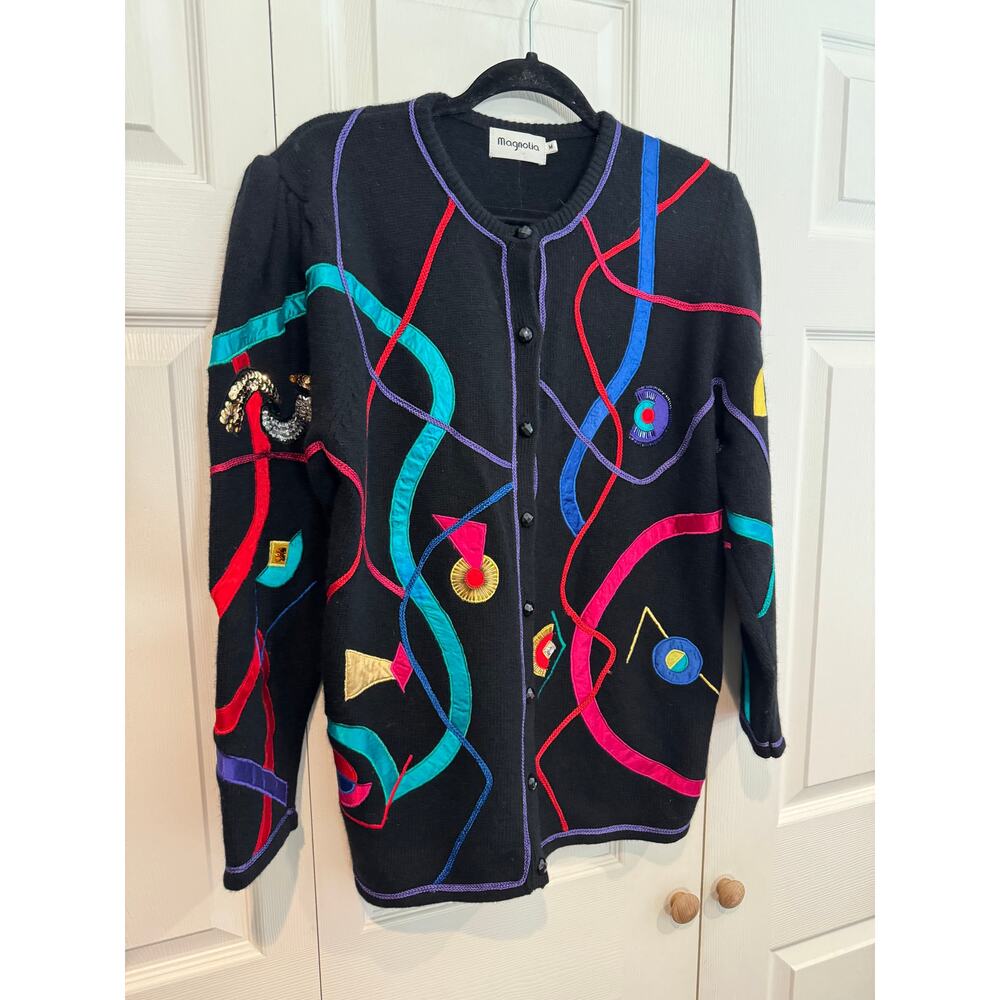 Vintage Magnolia Cardigan Sweater Black Colorful Abstract Art to Wear